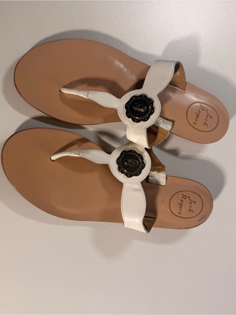 Jack Rogers White Leather Thong Sandals with Signature Medallion